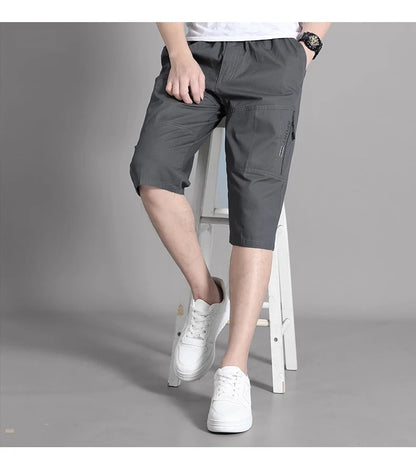 Men's Cargo Shorts Knee Pants Zipper Pocket Summer Cotton Shorts Climbing Jogger Elastic Waist Sports Wear