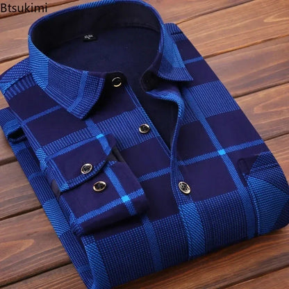 New 2025 Men's Thick Long Sleeve Shirts Fashion Casual Business Versatile Shirts Tops Men Plaid Striped Warm Shirts Camisas Male