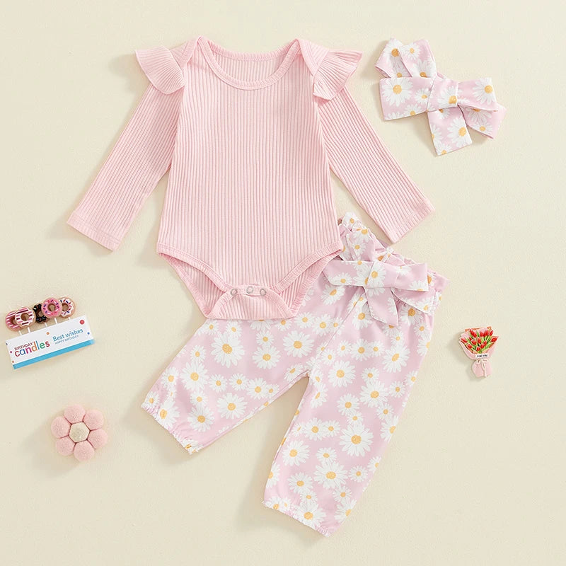 0 3 6 9 12 18 Months Baby Girl Clothes Ruffle Sleeve Romper Daisy Pant Sets Fall Winter Outfit for Infant Toddler