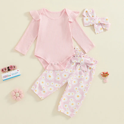 0 3 6 9 12 18 Months Baby Girl Clothes Ruffle Sleeve Romper Daisy Pant Sets Fall Winter Outfit for Infant Toddler