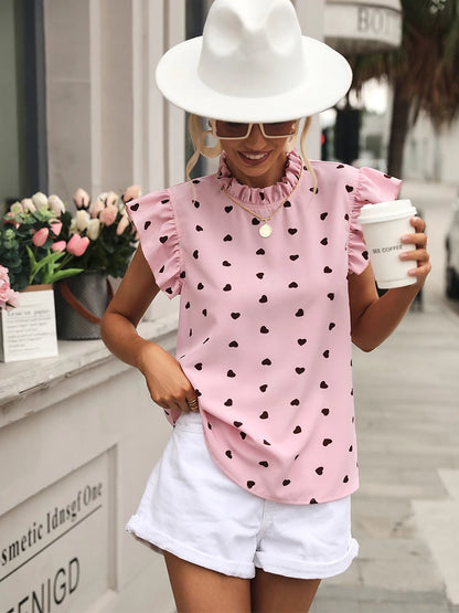 Fashion Chiffon Print Women's Shirt Casual Ruffle Short Sleeve Top Pink Chic Woman Blouse And Shirts Elegant Blouses Summer 2025