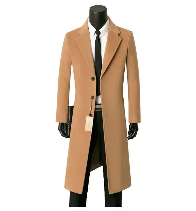 Men's Medium Length Woolen Coat, Business Casual  Warm Windbreaker, Suit Collar, Autumn, Winter