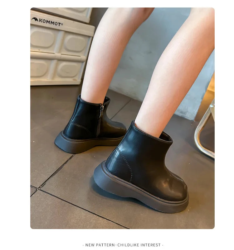 Autumn Winter Children's Boots Fashion Simple Style Girl's Ankle Boot Causal Versatile Black Kid Short Leather Boots Side Zipper