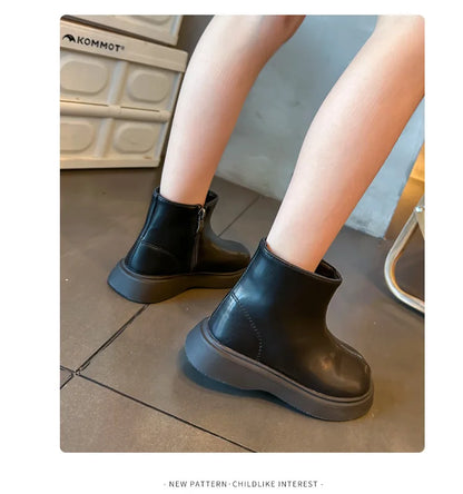 Autumn Winter Children's Boots Fashion Simple Style Girl's Ankle Boot Causal Versatile Black Kid Short Leather Boots Side Zipper