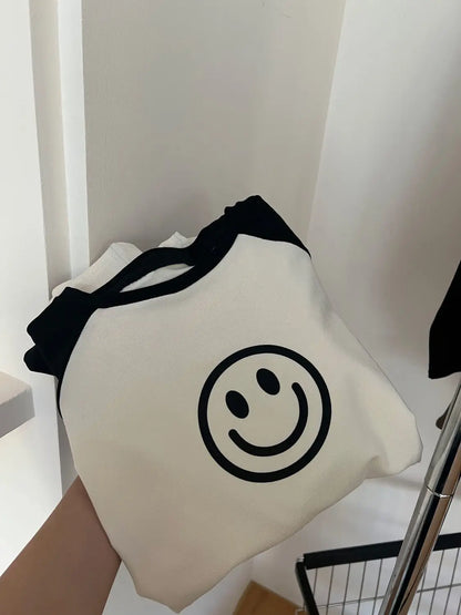 Women Spring Autumn Pajamas Set Female Solid Long-sleeved Pant Home Clothing Simple Loose Casual Smile Face Print Sleepwear XXL