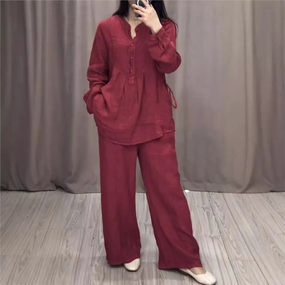 Autumn Fashion Cotton Linen Long Sleeve Half Open Shirt For Women's Suit Casual Pleated Elegant Female Wide Leg Pants 2piece Set