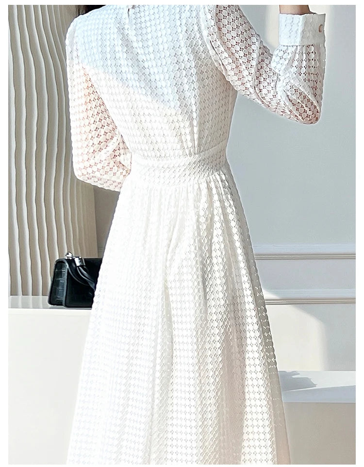 Lace Long Sleeves White Midi Dresses for Women 2025 New Autumn French Elegant Fashion Evening Wedding Party Robe Female Clothing
