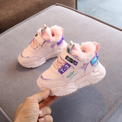 Autumn Winter Girl Children Sport Shoes Breathable Plush Warm Boys Sneakers Boots Soft Light WIth Fur Outdoor Kids Running Shoes