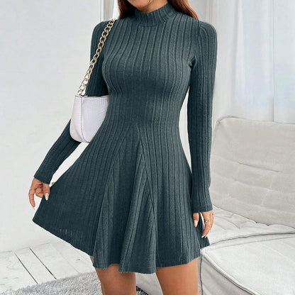 Mia Muse Women's Dress Fall Winter Simple Solid Color Long Sleeve Mock Neck A Line High Waisted Flare Hem Casual Short Dress