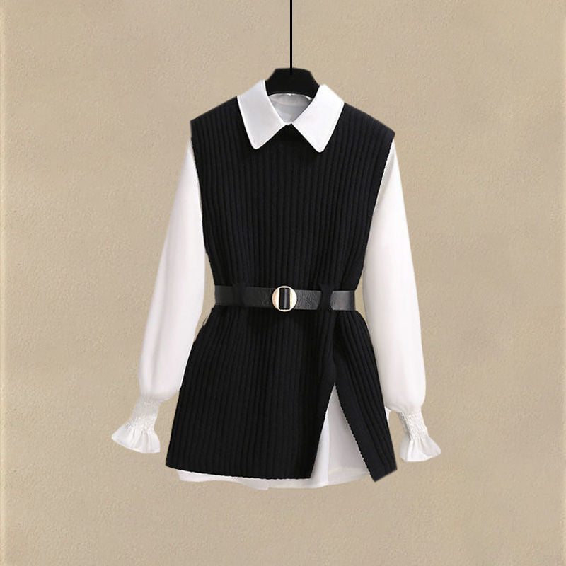 2025 Autumn Increased Size Korean Popular Chiffon Shirt Knitted Sweater Jeans Three Piece Elegant Women's Pants Set Tracksuit