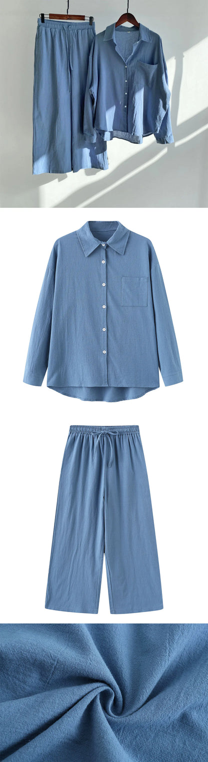 Loose Solid Color Cardigan Shirt Wide Leg Pants Women's 2-piece Set Of Retro Cotton Linen Shirt High Waist Long Pants Set Outfit