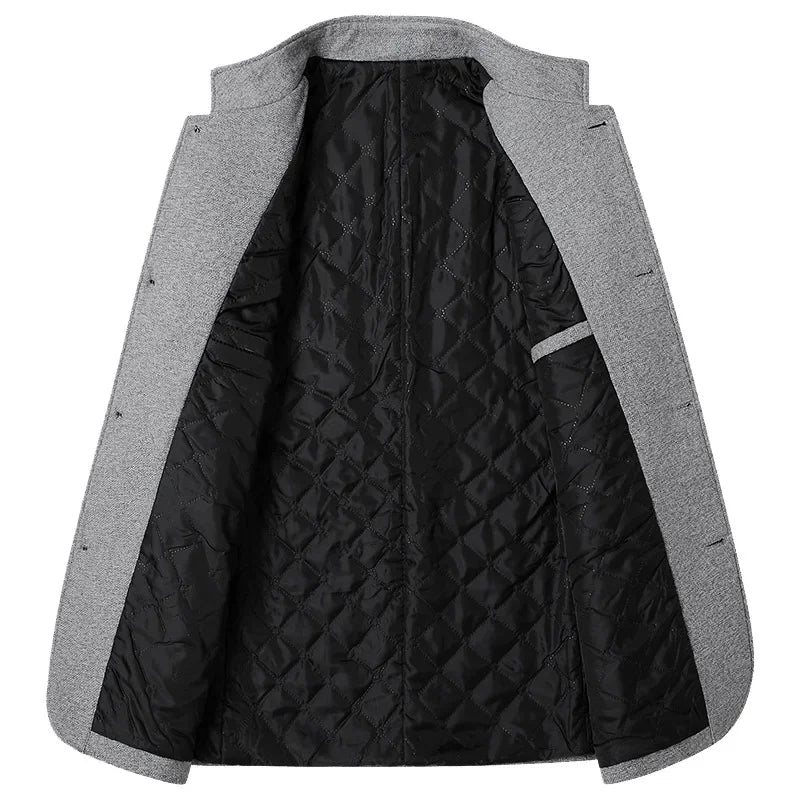 Men's Woolen Coat 2025 Autumn/Winter New Cotton Thickened Single Breasted Standing Collar Wool Blend Male Jacket
