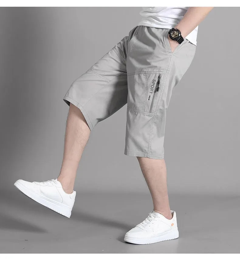 Men's Cargo Shorts Knee Pants Zipper Pocket Summer Cotton Shorts Climbing Jogger Elastic Waist Sports Wear