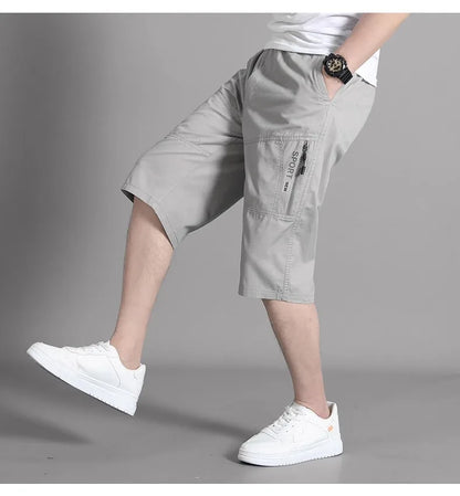 Men's Cargo Shorts Knee Pants Zipper Pocket Summer Cotton Shorts Climbing Jogger Elastic Waist Sports Wear