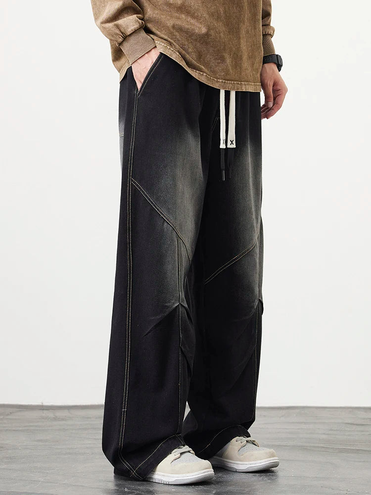 Big Size Men's Jeans 8XL 7XL 6XL String Banding Wide Leg Straight Denim Pants Washed Cotton Casual Baggy Jean Trousers Male