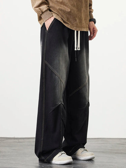 Big Size Men's Jeans 8XL 7XL 6XL String Banding Wide Leg Straight Denim Pants Washed Cotton Casual Baggy Jean Trousers Male