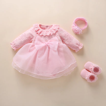 Newborn Baby Girl Dress Clothes 0 3 6 Months Princess Pink Dress White Baptism Outfit Party Dress Headband Socks Set Clothing