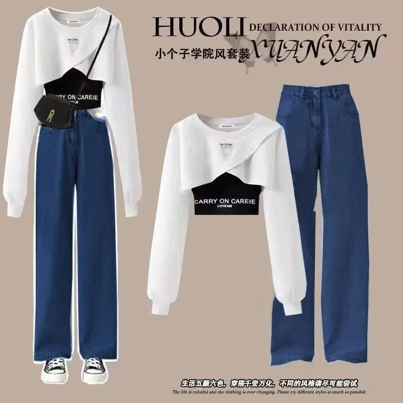 Spring and Autumn Set Women's 2025 Korean Loose Fashion Top Casual Work Pants Age Reducing Three Piece Set