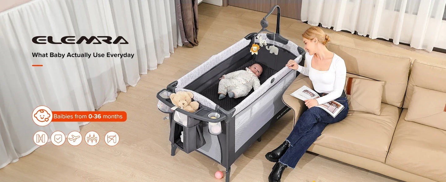 4 in 1 Wide Baby Bassinet Bedside with Diaper Changer, Long Next to Bed Crib with Mattress, Sheet, Music and Blackout Cover, Playpen