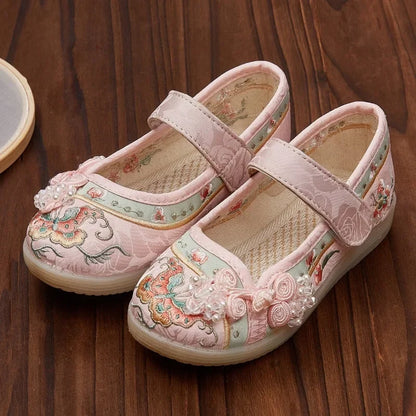 Kids Hanfu Shoes Sweet Embroidery Flower Girl Princess Shoes Fashion Chinese Ancient Style Children's Causal Flat Cloth Shoes