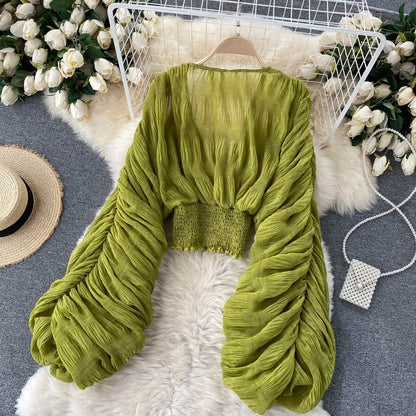 Women Sexy Chiffon Short Blouse Female See Through Super Long Sleeve Purple/Green/Black/White Folds Party Tops 2025 New