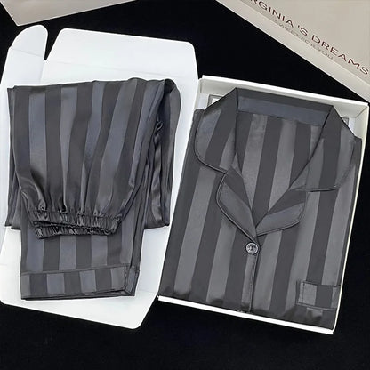 Women's Pajamas Sets Spring Autumn 2 Piece Striped Pajama Faux Silk Satin Sleepwear Long Sleeve Button Pajama Mujer Pjs Home wear