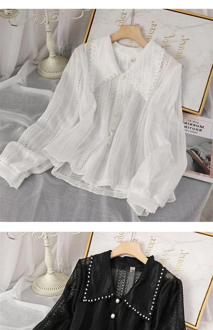 Shirts Women Peter Pan Collar Hollow Out Fashion Tender Sweet Solid Young French Style Elegant Ins Топ Женский New Arrival Chic