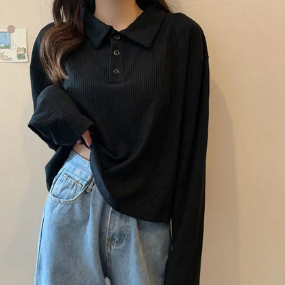 Women Knit School Polo Neck Cropped Shirt Summer Short Sleeve Youthful Solid Color Crop Top Female Basic Blouse Lady Pullover