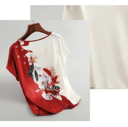 Plus Size Women Silk Satin Blouses Spring Summer Floral Printing Blouse Female Fashion Shirt Tops