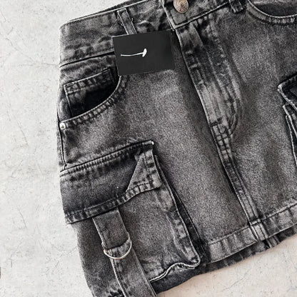 Multiple Pockets Denim Plaid Skirt Vintage Goth Black Y2k Mini Skirr Fashion Women's Casual Versatile Sexy Streetwear