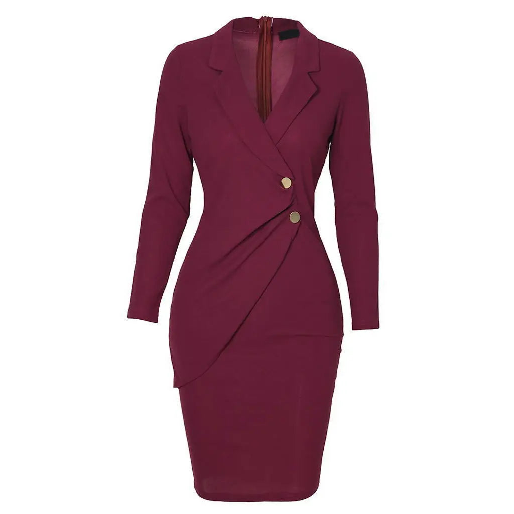 2025  Autumn Winter Fashion Midi Dress Office Lady Long Sleeve Slim Dresses Elegant Bodycon Work Business Pencil Solid Dress