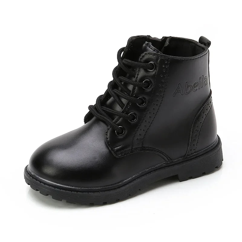 Kids Casual Boots PU Leather Black Zipper for Boys Girls Cross-tied Children Ankle High Boots Anti-skid Round Toes Soft Quality