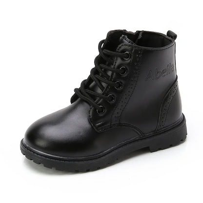 Kids Casual Boots PU Leather Black Zipper for Boys Girls Cross-tied Children Ankle High Boots Anti-skid Round Toes Soft Quality