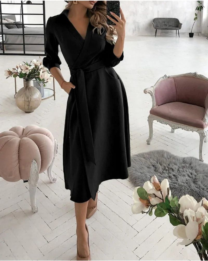Office Women Casual Sashes A-Line Wrap Summer Dress 2025 Print Long Sleeve V-Neck Dress Pocket Elegant Midi Party Dress Vestidos