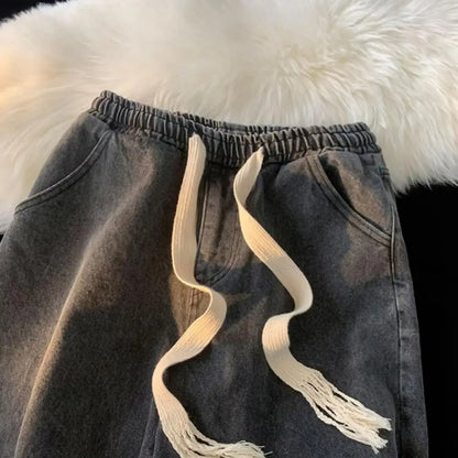 Men Wide-leg Denim Shorts Men's Quick-drying Denim Beach Shorts With Elastic Drawstring Waistband Pockets Summer Wide Leg Shorts