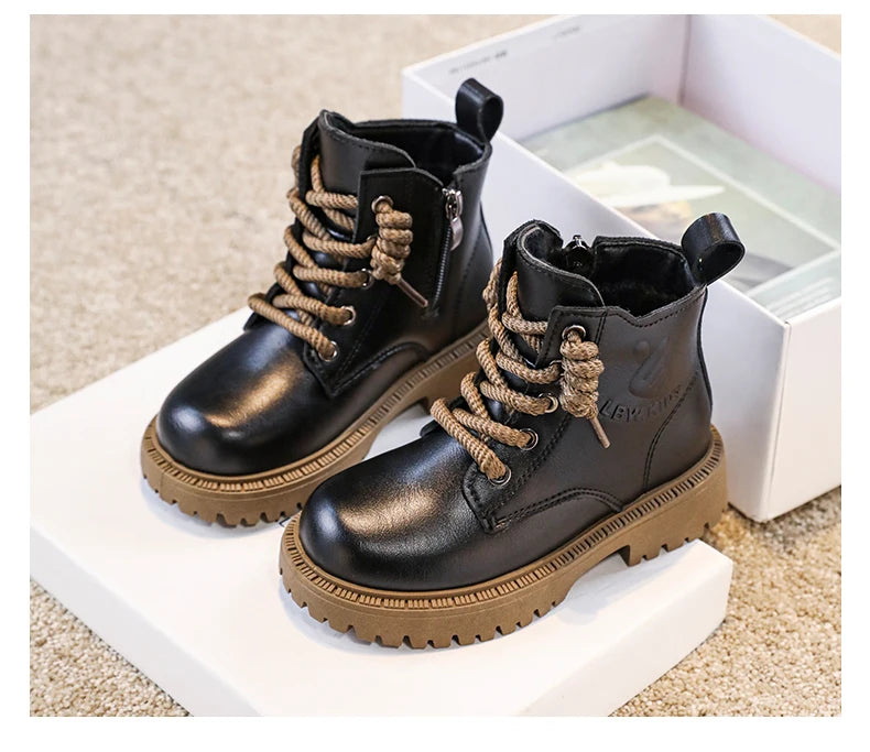 Kid's Winter Cotton Boots Plus Velvet Thickening Water Proof Retro Black Trendy All-match Leather Casual Boys Girls Ankle Boot
