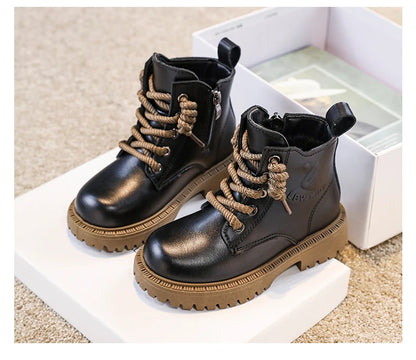 Kid's Winter Cotton Boots Plus Velvet Thickening Water Proof Retro Black Trendy All-match Leather Casual Boys Girls Ankle Boot