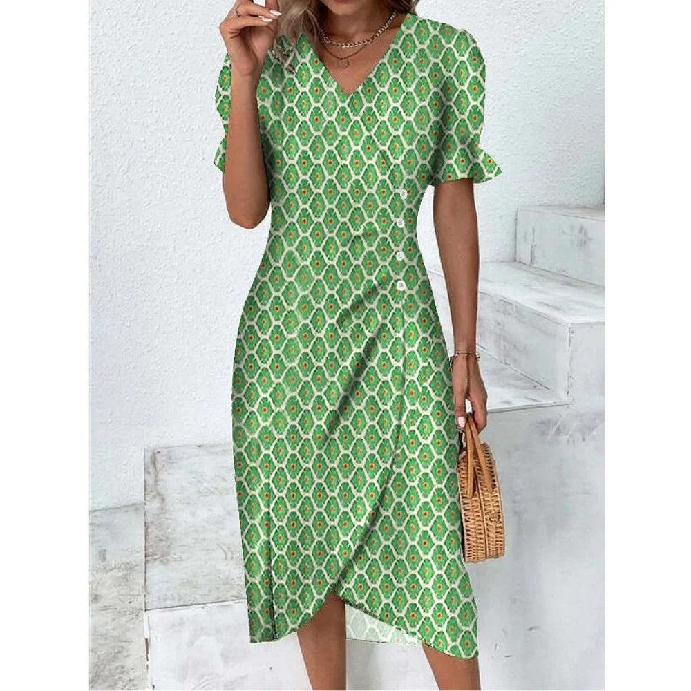 Elegant Ladies Midi Dress Geometric Button Split Dress Платья Vestidos Medievales Para Mujer De Verano Elbiseler Jurken Dames