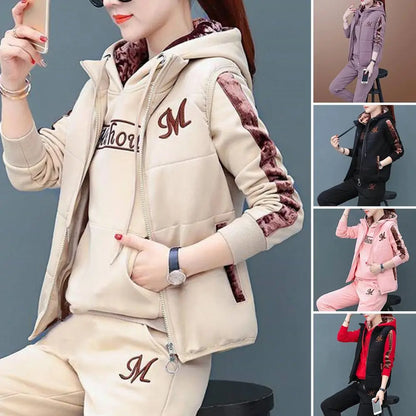 Fashion Warm Three Piece Set Women Outfit 2025 Fall Winter Thicken Tracksuit Casual Waistcoat + Hoodies + Pant Female Sweat Suit