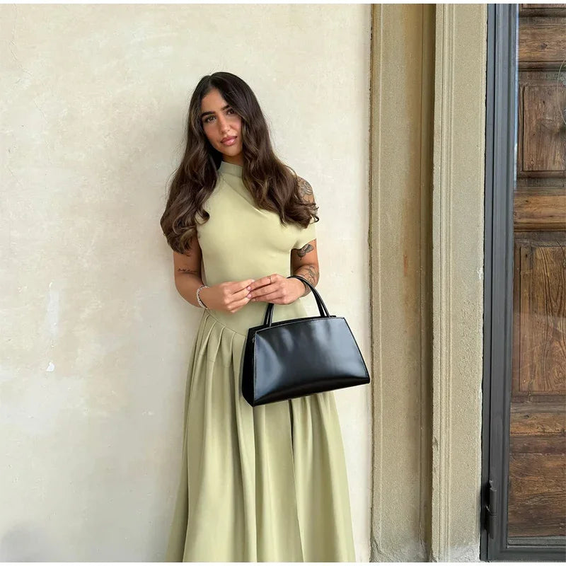 DSMTRC 2025 New Casual Office Lady Vestidos Streetwear Elegant Green Diagonal Collar Pleated Short Sleeve Patchwork Chic Dress