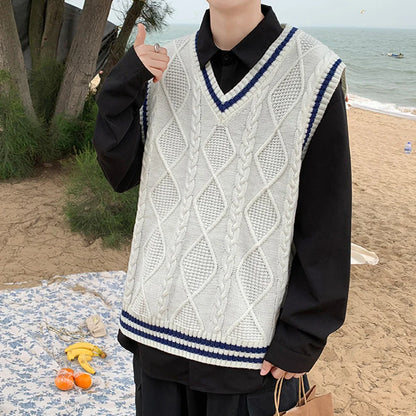 Men's Classic Contrast Color Thermal V-Neck Comfortable Cardigan Sleeveless Slight Stretch Solid Vest Simple Loose Waistcoat Tops