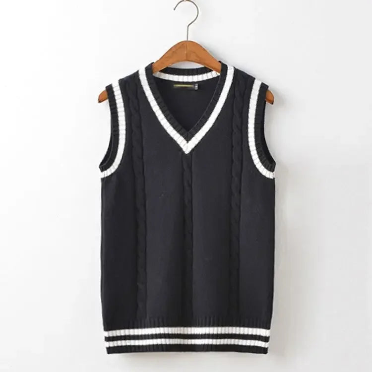 Striped White Knitted Sweaters for Men Blue Sleeveless Man Clothes V Neck Vest Red Waistcoat Jumpers Sweat-shirt Cotton