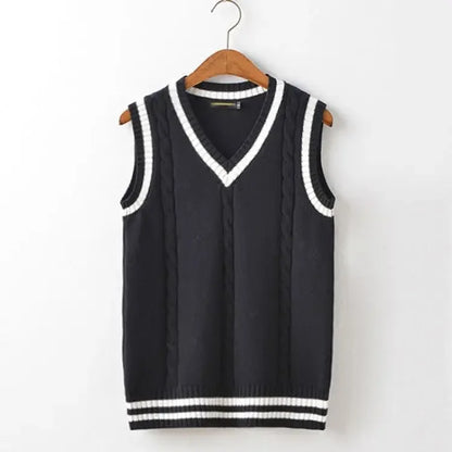 Striped White Knitted Sweaters for Men Blue Sleeveless Man Clothes V Neck Vest Red Waistcoat Jumpers Sweat-shirt Cotton