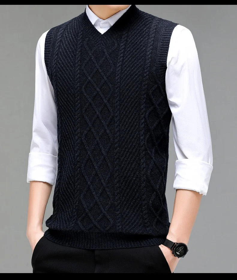 Stylish V-neck Jacquard Knit Sleeveless Sweater Vest for Men Middle-aged Men Fashion Solid Color Warm Top