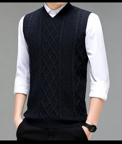 Stylish V-neck Jacquard Knit Sleeveless Sweater Vest for Men Middle-aged Men Fashion Solid Color Warm Top