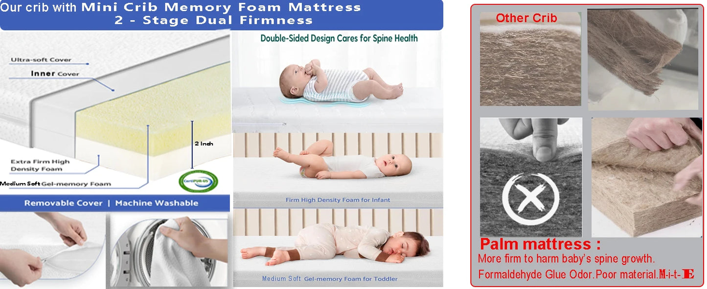 Mini Baby Crib 4 in 1 Convertible with Memory Foam Mattress(38"by 24") Included, Cunas para Babes 2024 Natural Wood Portable Crib