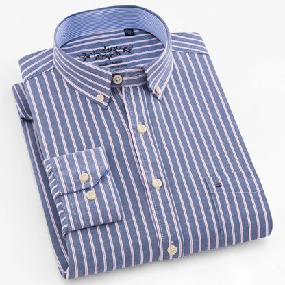Men's Long Sleeve Oxford Plaid Striped Casual Shirt Front Patch Chest Pocket Regular-fit Button-down Collar Thick Work Shirts