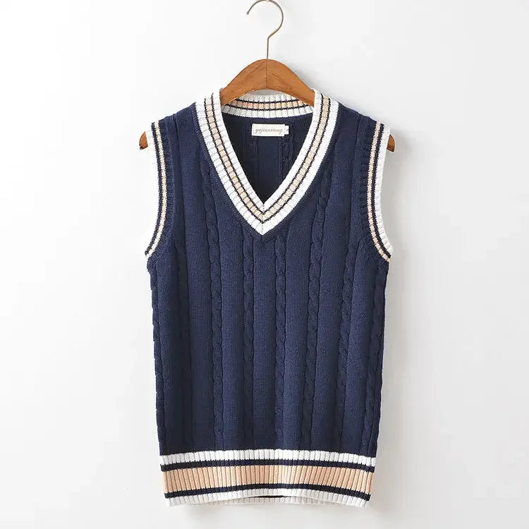 Striped White Knitted Sweaters for Men Blue Sleeveless Man Clothes V Neck Vest Red Waistcoat Jumpers Sweat-shirt Cotton
