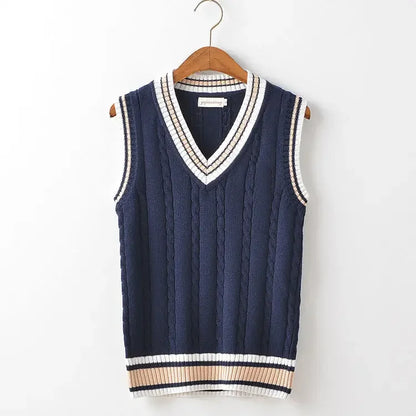 Striped White Knitted Sweaters for Men Blue Sleeveless Man Clothes V Neck Vest Red Waistcoat Jumpers Sweat-shirt Cotton