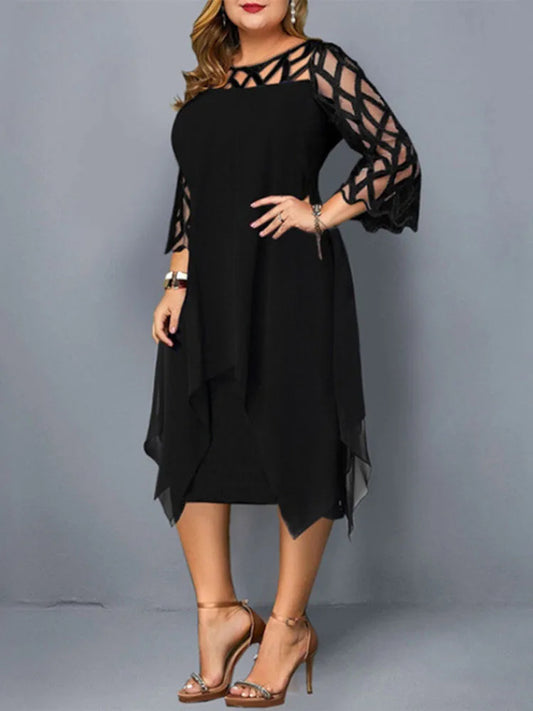 Sexy Women'S Clothing Evening Dresses Xxl O Neck Lace Sleeve Hollow Out Solid 2025 Elegant Midi Party Dress For Chubby Women